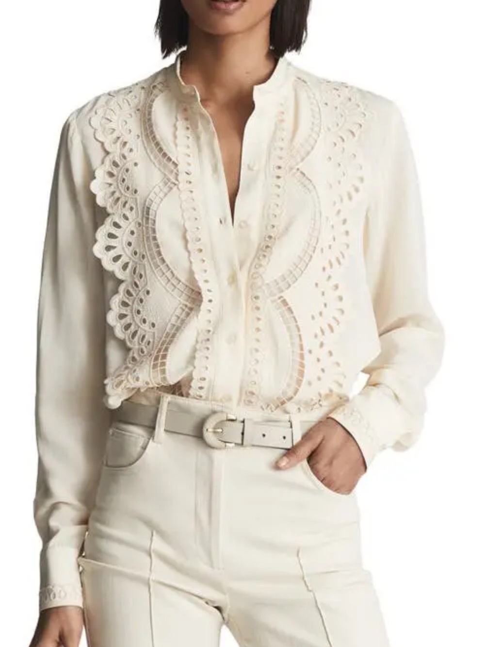 Reiss Karina Cream Eyelet Lace-Trim Button Blouse 8 NWT